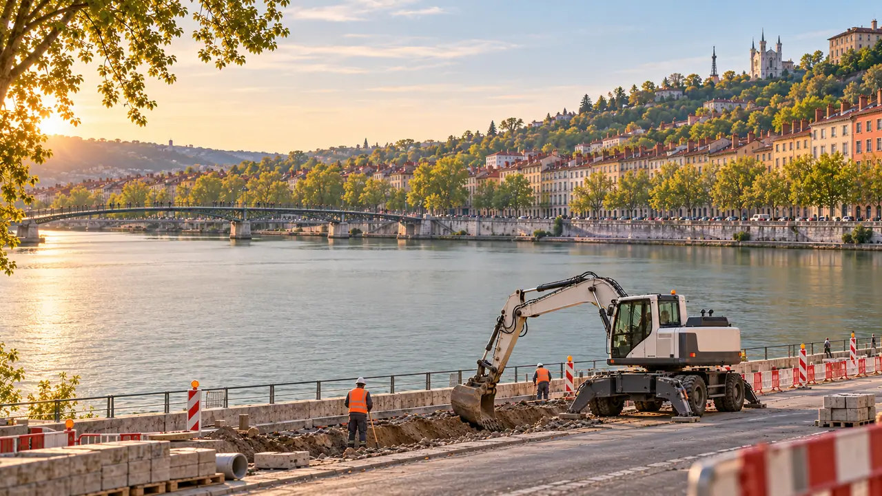 Pelle sur pneus de 16 tonnes stabilisée sur un quai de Saône